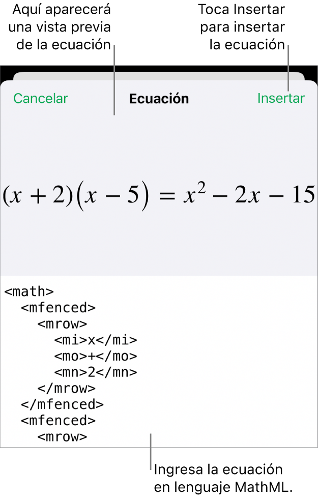 El cuadro de diálogo Ecuación con una ecuación escrita con comandos de MathML y una vista previa de la fórmula encima.