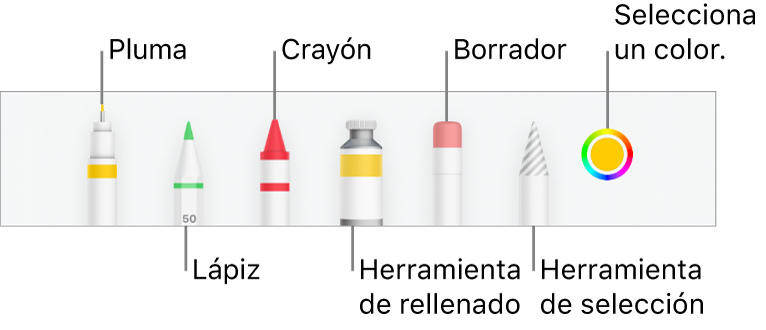 La barra de herramientas de dibujo en Numbers en el iPhone con un bolígrafo, un lápiz, un crayón, la herramienta de relleno, el borrador, la herramienta de selección y la paleta de colores mostrando el color actual.