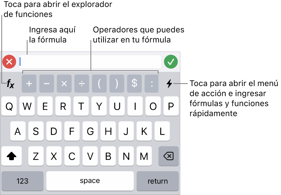 El teclado de fórmulas, con el editor de fórmulas en la parte superior y los operadores que se utilizan en las fórmulas debajo. El botón Funciones para abrir el explorador de funciones se encuentra a la izquierda de los operadores, y el botón de menú Acción se encuentra a la derecha.