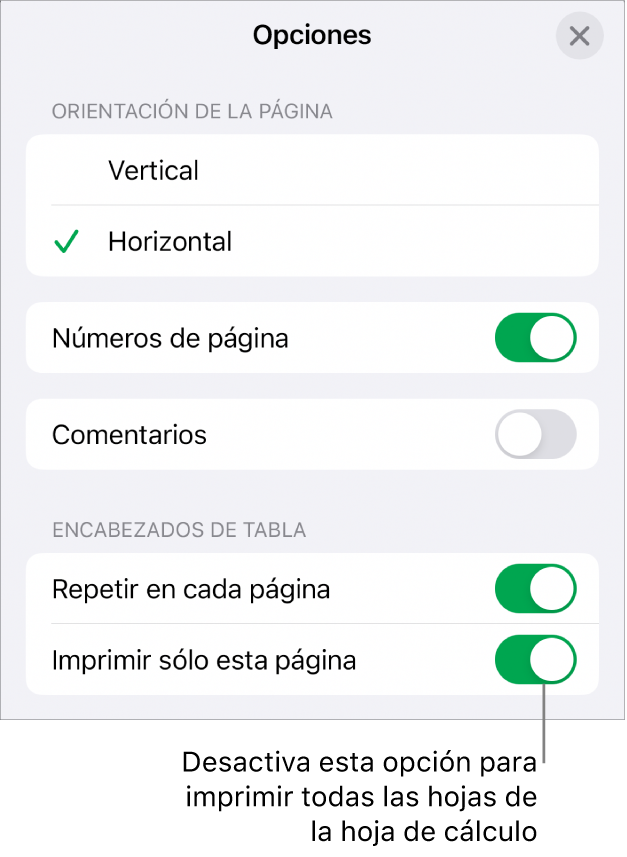 Opciones de impresión para seleccionar la orientación de la página, mostrar el número de páginas y los encabezados, así como para seleccionar el tamaño del papel y especificar las páginas a imprimir.