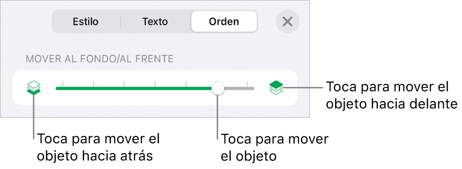 Botón Mover hacia atrás, botón Mover hacia delante y regulador de capa.