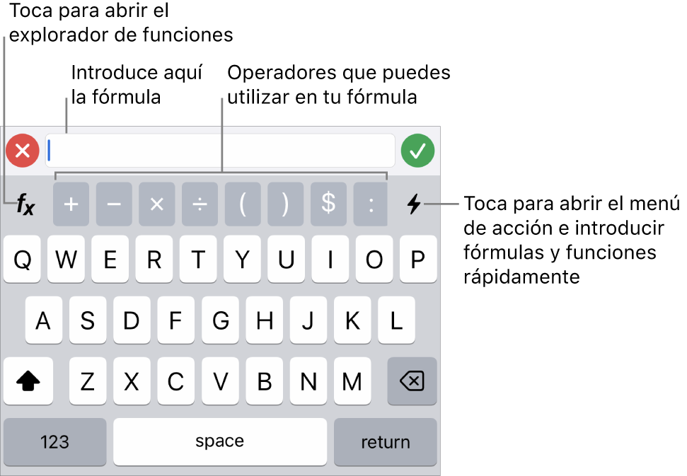 El teclado de fórmulas, con el editor de fórmulas en la parte superior y los operadores que se utilizan en las fórmulas debajo. El botón Funciones para abrir el explorador de funciones se encuentra a la izquierda de los operadores, y el botón de menú Acción se encuentra a la derecha.