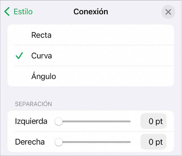 Controles de Conexión con la opción Curva seleccionada.