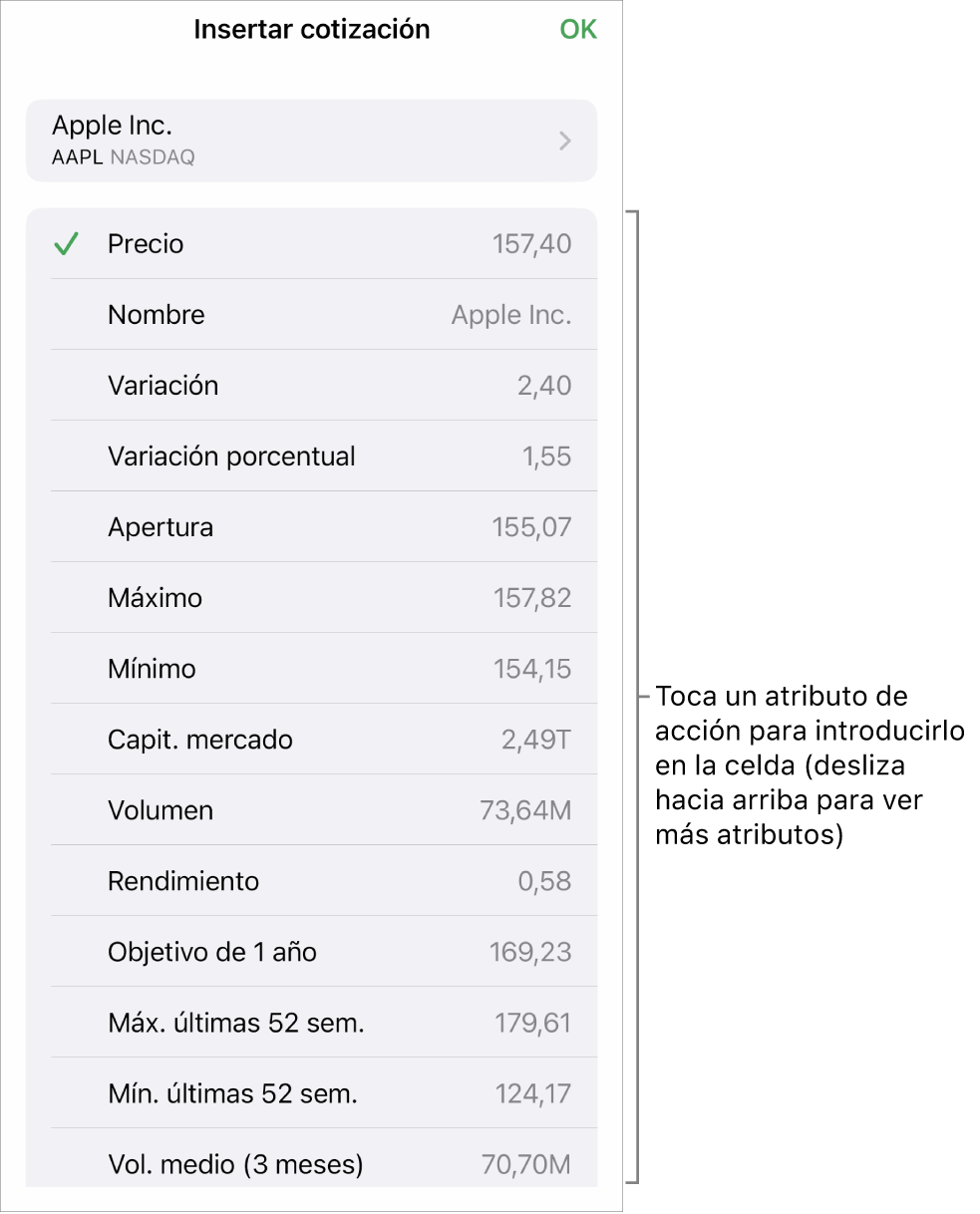 El menú desplegable de cotización de acciones, con el nombre de la acción en la parte de arriba y una lista de atributos de cotización seleccionables (precio, nombre, variación, variación porcentual y apertura) debajo.