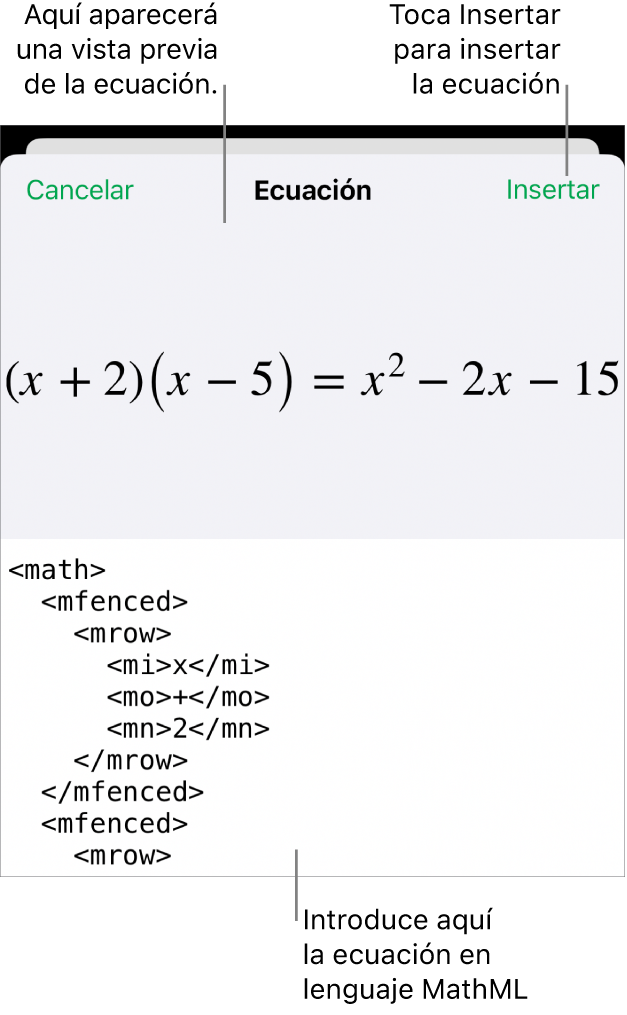 El diálogo Ecuación con una ecuación escrita con comandos de MathML y una previsualización de la fórmula encima.