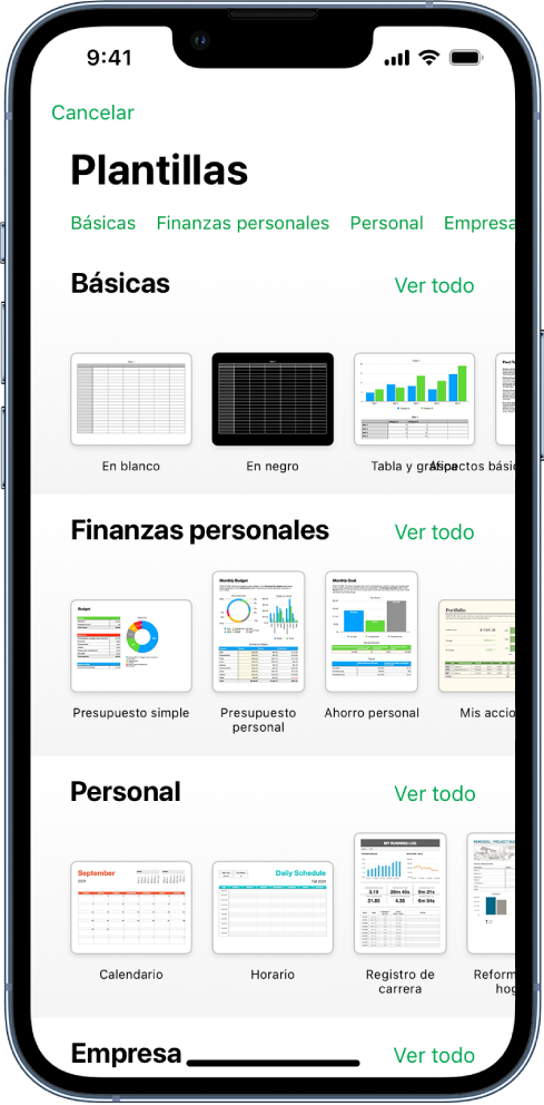 El selector de plantilla, mostrando una fila de categorías a lo largo de la parte superior en la que puedes tocar para filtrar las opciones. Debajo aparecen miniaturas de plantillas prediseñadas organizadas en filas por categorías, empezando por Recientes en la parte superior y seguida por Básicas y “Finanzas personales”. Por encima y a la derecha de cada fila de categoría aparece un botón “Ver todo”. El botón “Idioma y región” se encuentra en la esquina superior derecha.