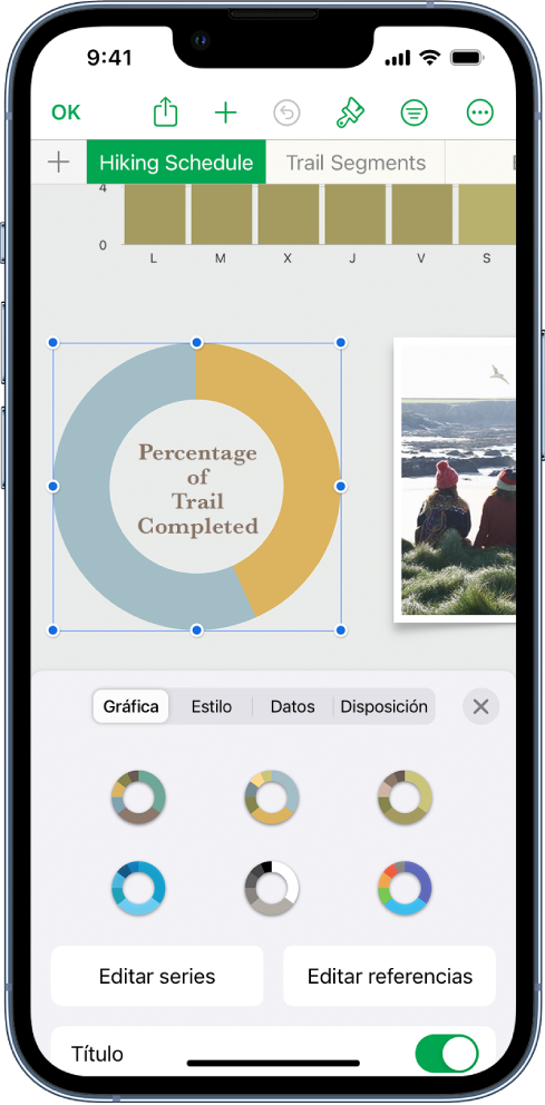 Una gráfica de sectores con porcentajes de los senderos completados. También está abierto el menú Formato, donde aparecen diversos estilos de gráfica entre los que elegir, además de otras opciones para editar las series o las referencias de la gráfica, y para activar o desactivar el título de la gráfica.