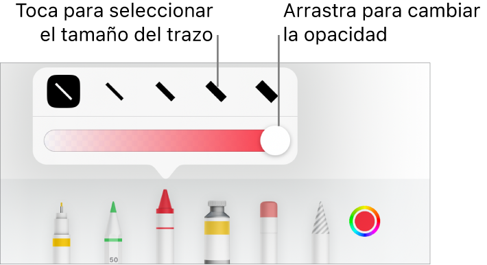 Controles para seleccionar un tamaño de trazo y un regulador para ajustar la opacidad.