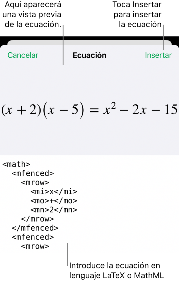 El diálogo Ecuación con una ecuación escrita con comandos de MathML y una previsualización de la fórmula encima.