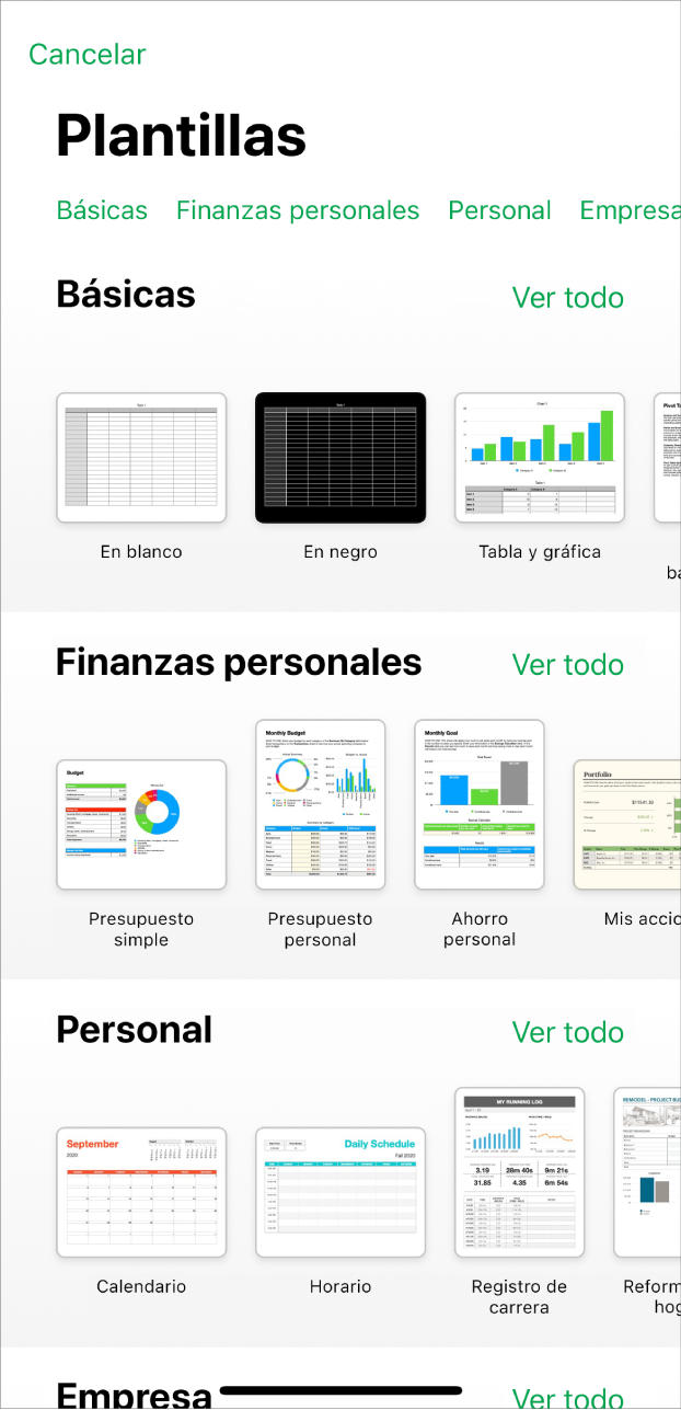 El selector de plantilla, mostrando una fila de categorías a lo largo de la parte superior en la que puedes tocar para filtrar las opciones. Debajo aparecen miniaturas de plantillas prediseñadas organizadas en filas por categorías, empezando por Básicas en la parte superior y seguida por “Finanzas personales”, Personal y Empresa. Por encima y a la derecha de cada fila de categoría aparece un botón “Ver todo”. El botón Cancelar se encuentra en la esquina superior derecha.