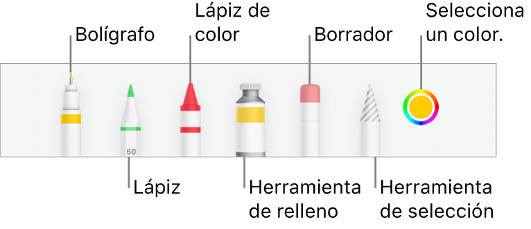 La barra de herramientas de dibujo en la app Numbers del iPhone, con un bolígrafo, lápiz, lápiz de color, relleno, borrador, herramienta de selección y paleta de colores, que muestra el color actual.