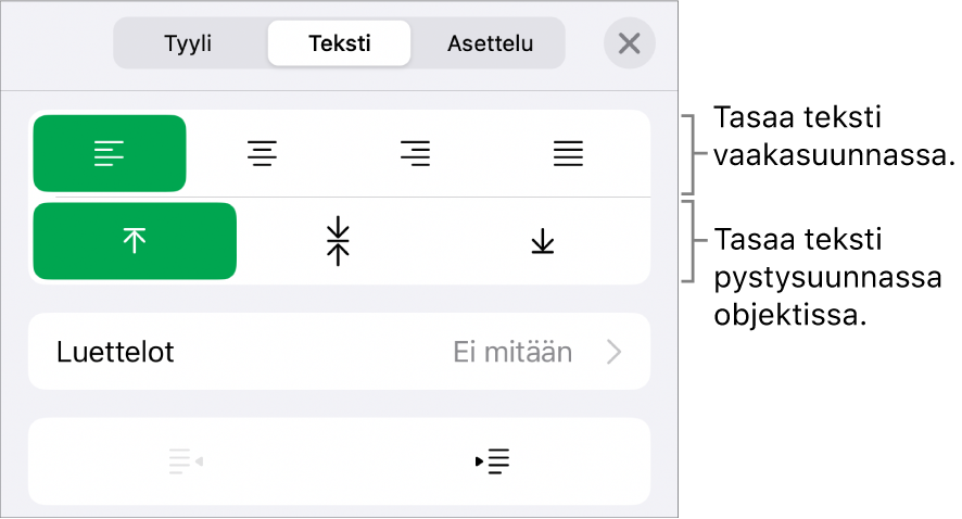 Muoto-inspektorin Asettelu-osio ja tekstin tasaus- ja välistyspainikkeiden selitteet.