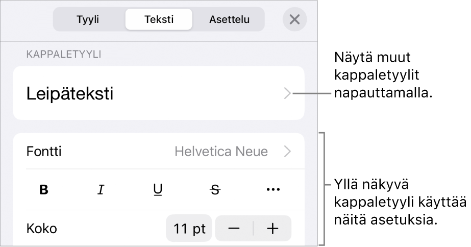 Muoto-valikko, jossa on tekstisäätimet kappale- ja merkkityylien, fontin, koon ja värin valitsemista varten.