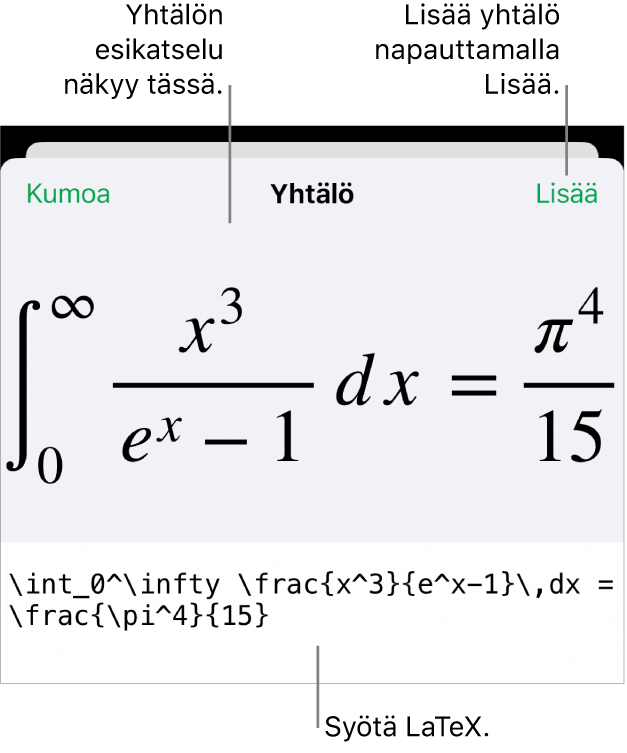 Yhtälö-valintaikkuna, jossa näkyy LaTex-komentoja käyttäen syötetty yhtälö, ja yllä kaavan esikatselu.