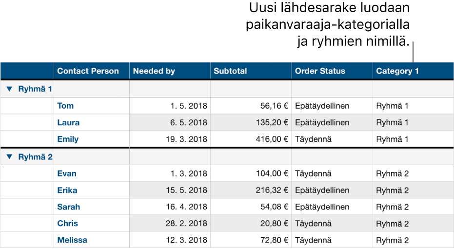 Kategorisoitu taulukko, jossa näkyvät kategorian ja ryhmien paikanvaraajanimet.