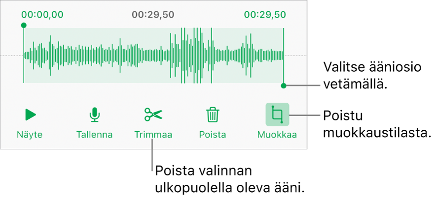 Säätimet tallennetun äänen muokkaamiseen. Kahvat osoittavat äänitysosion. Alla on painikkeet esikuuntelulle, tallentamiselle, trimmaamiselle, poistamiselle ja muokkaustilalle.