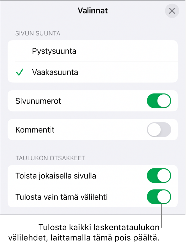 Tulostusvalintoja sivun suunnan, sivunumeroiden, otsakkeiden, paperikoon ja tulostettavien sivujen valitsemiseen.
