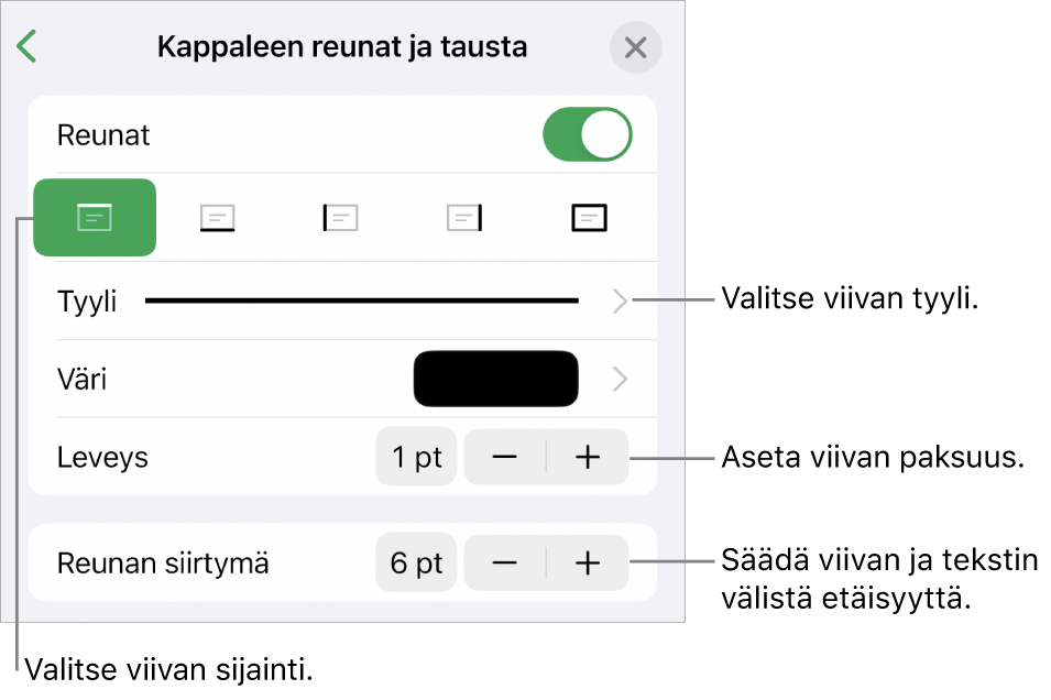 Säätimiä viivan tyylin, paksuuden, sijainnin ja värin muuttamiseen.