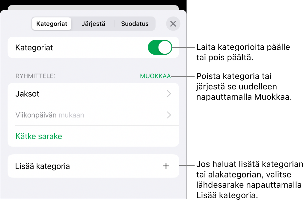 iPhonen kategoriavalikko, joka sisältää valinnat kategorioiden laittamiseksi pois päältä ja poistamiseksi, datan ryhmittämiseksi uudelleen, lähdesarakkeen kätkemiseksi ja kategorioiden lisäämiseksi.