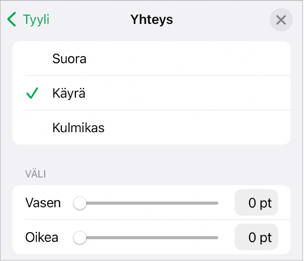 Yhteys-säätimet ja Käyrä valittuna.