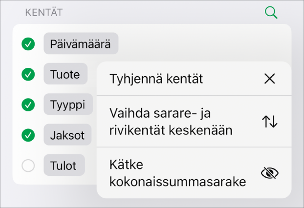 Lisäkenttävalinnat ‑valikko, jossa näkyvät säätimet kokonaissummien kätkemiseen, sarake- ja rivikenttien vaihtamiseen keskenään ja kenttien tyhjentämiseen.