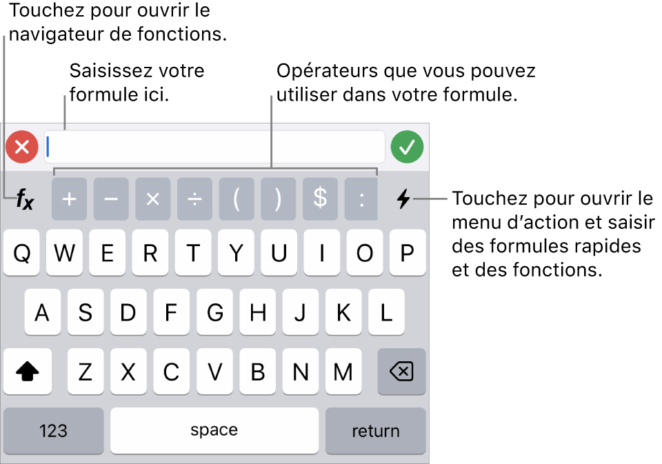 Le clavier des formules, avec l’éditeur de formules en haut et les opérateurs utilisés dans les formules en dessous. Le bouton Fonctions qui permet d’ouvrir le navigateur des fonctions se trouve à gauche des opérateurs et le bouton du menu d’action, à droite.