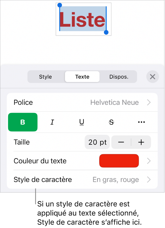 Commandes de mise en forme du texte avec Style de caractère sous les commandes de couleur. Style de caractère Aucun affiché avec un astérisque.