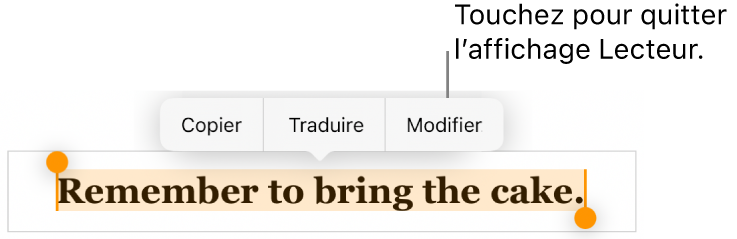 Une phrase est sélectionnée et au-dessus de celle-ci se trouve un menu contextuel avec les boutons Copier et Modifier.