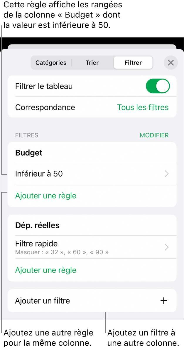 Commandes pour ajouter de nouvelles règles de filtre ou modifier les règles existantes.