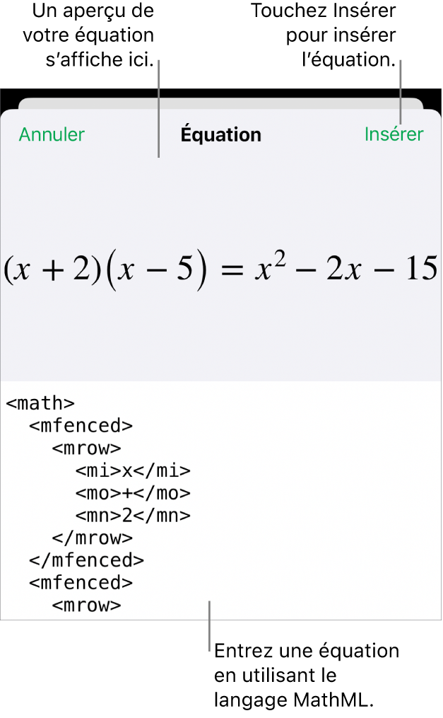 Zone de dialogue Équation, affichant une équation composée à l’aide des commandes MathML et aperçu de la formule au-dessus.