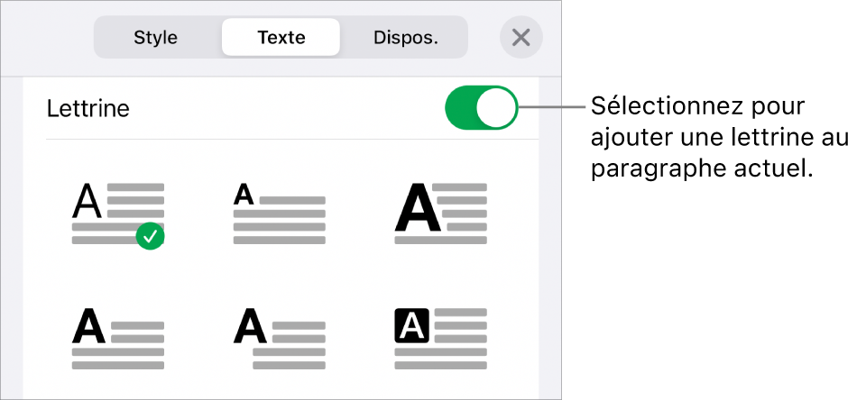 Les commandes Lettrine situées dans le menu Texte.