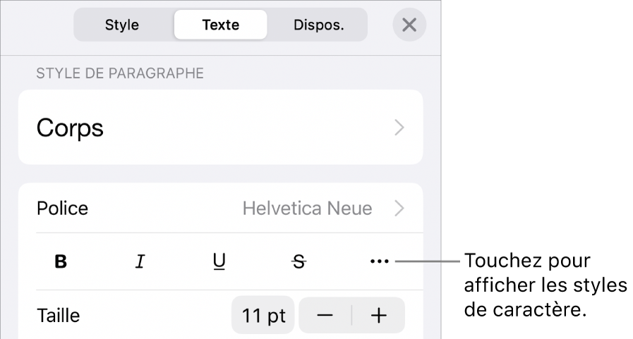 Les commandes de Format avec les styles de paragraphes en haut, puis les commandes de Police. Sous Police se trouvent les boutons Gras, Italique, Souligné, Barré et Plus d’options de texte.