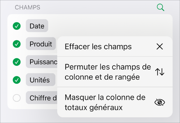 Menu Options de champ avec commandes permettant de masquer les totaux généraux, de permuter les champs de colonne et de rangée et d’effacer des champs.