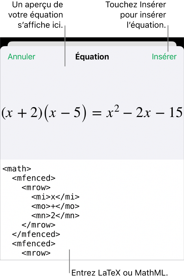 Zone de dialogue Équation, affichant une équation composée à l’aide des commandes MathML et aperçu de la formule au-dessus.
