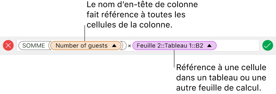 L’éditeur de formules présentant une formule faisant référence à une colonne d’un tableau et à une cellule d’un autre tableau.