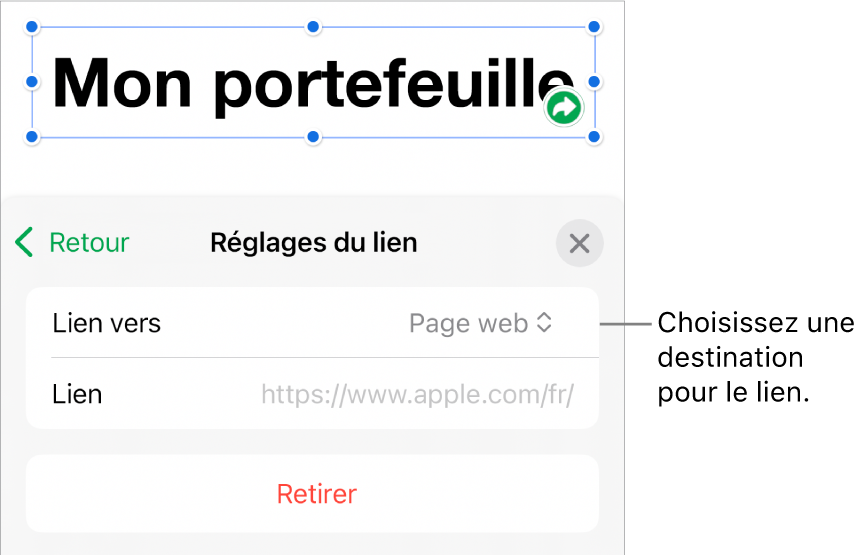 Les commandes « Réglages du lien » avec une page web sélectionnée et le bouton Supprimer en bas.