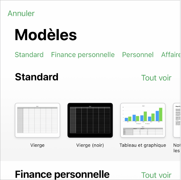 La liste de modèles, avec un rang de catégories en haut que vous pouvez toucher pour filtrer les options. En dessous, vous trouverez les vignettes des modèles prédéfinis disposées en rangs par catégorie.