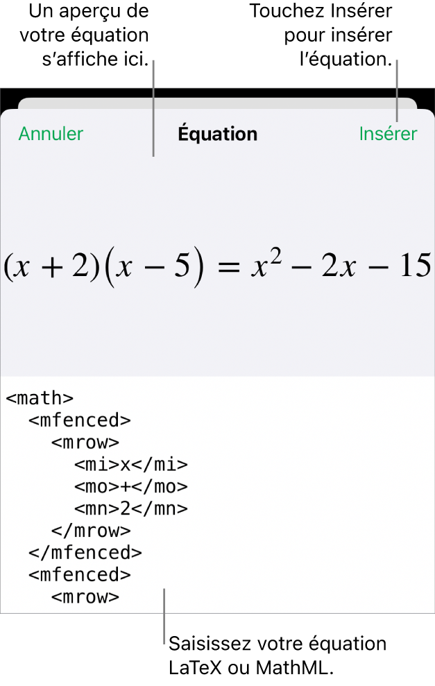 Zone de dialogue Équation, affichant une équation composée à l’aide des commandes MathML, et un aperçu de la formule au-dessus.