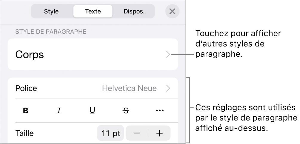 Menu Format montrant les commandes de texte permettant de définir les styles, la police, la taille et la couleur des paragraphes et des caractères.