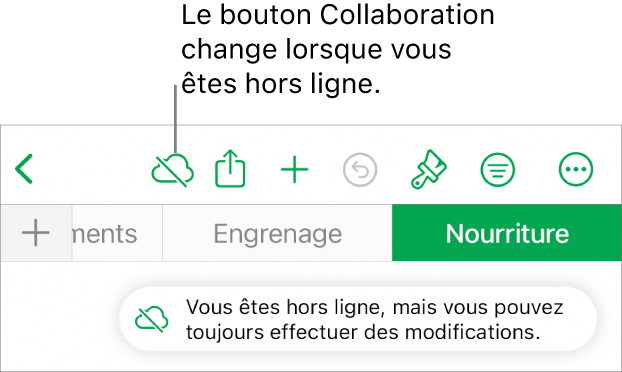 Les boutons en haut de l’écran, avec le bouton Collaboration remplacé par un nuage barré d’une ligne diagonale. Une alerte à l’écran indique « Vous êtes hors ligne, mais vous pouvez toujours effectuer des modifications ».