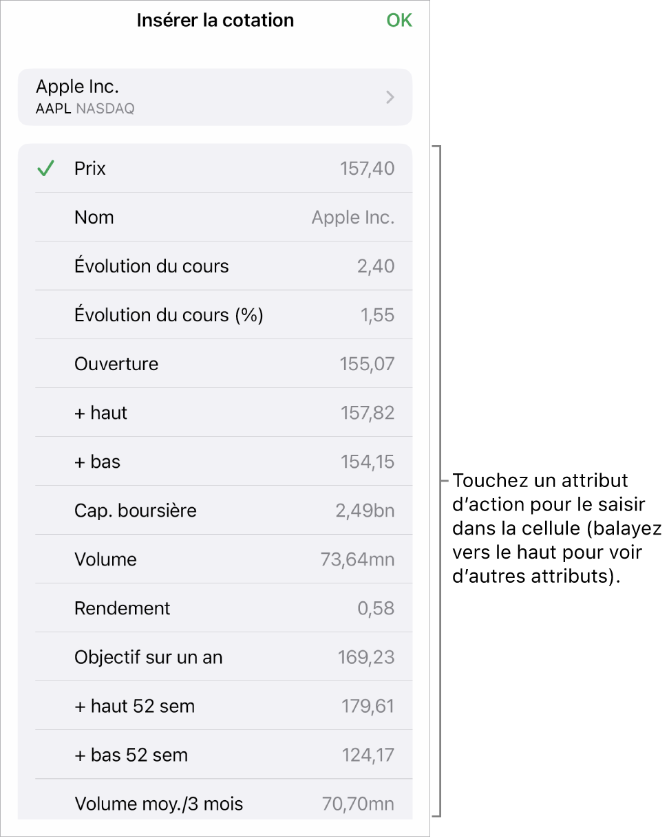 Fenêtre surgissante Cotation, le nom de l’action apparaissant en haut et les attributs d’action sélectionnables, notamment le cours, le nom du cours, son évolution, cette évolution en pourcentage et le cours à l’ouverture apparaissant en bas.