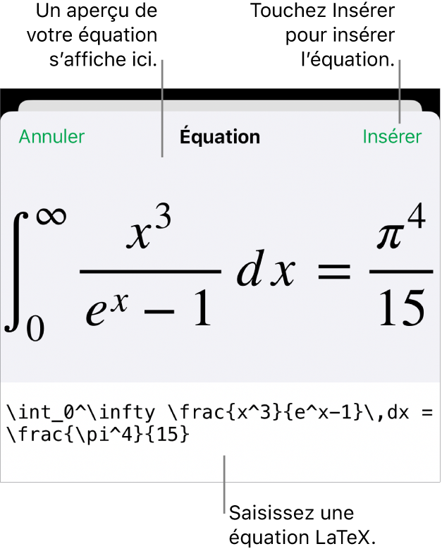 Zone de dialogue Équation, affichant une équation composée à l’aide des commandes LaTeX, et un aperçu de la formule au-dessus.