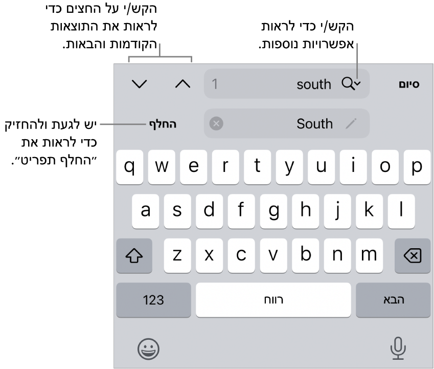 פקדי ״חפש והחלף״ מעל למקלדת עם הסברים לכפתורים ״אפשרויות חיפוש״, ״החלף״ ומעבר למעלה/מעבר למטה.