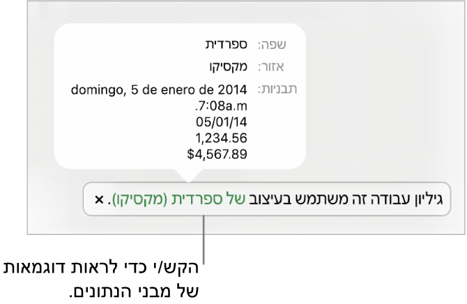 ההודעה לגבי הגדרת השפה והעיצוב השונים, עם דוגמאות של העיצוב בשפה זו ובאזור זה.
