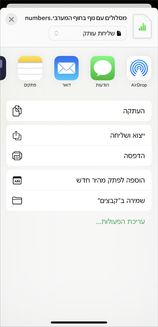 החלון של Numbers עם תפריט השיתוף שכולל אפשרויות לשליחת עותק של גיליון העבודה, לייצוא שלו ושליחה בפורמט אחר או להדפסה או שמירה שלו ביישום ״קבצים״.