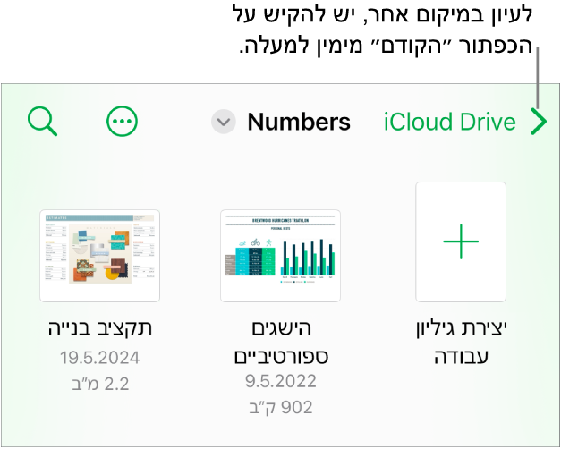 תצוגת העיון של מנהל המסמכים עם הכפתור ״הקודם״ בפינה הימנית העליונה ומתחתיו שדה חיפוש. מתחת לשדה החיפוש נמצא הכפתור ״יצירת גיליון עבודה״ לצד תמונות ממוזערות של גיליונות עבודה קיימים. בפינה השמאלית העליונה רואים את הכפתור ״הוסף״ ואת הכפתור ״עוד״.