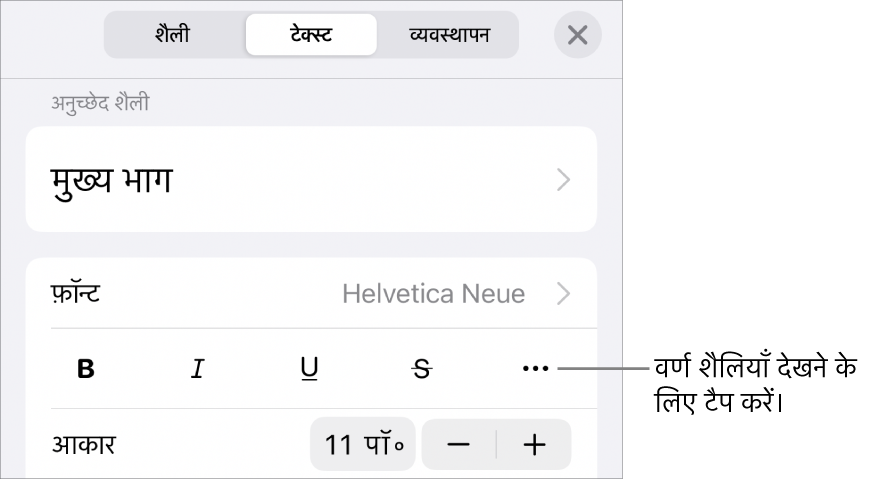 शीर्ष पर अनुच्छेद शैलियों के साथ फ़ॉर्मैट नियंत्रण, फिर फ़ॉन्ट नियंत्रण। फ़ॉन्ट के नीचे टेक्स्ट करने के लिए बोल्ड, अंडरलाइन, स्ट्राइकथ्रू इत्यादि विकल्प के बटन हैं।