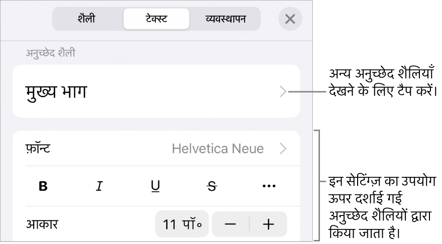 “फ़ॉर्मैट” मेनू में अनुच्छेद सेटिंग और वर्ण शैलियाँ, फ़ॉन्ट, आकार और रंग के लिए टेक्स्ट नियंत्रण दिखाए जा रहे हैं।