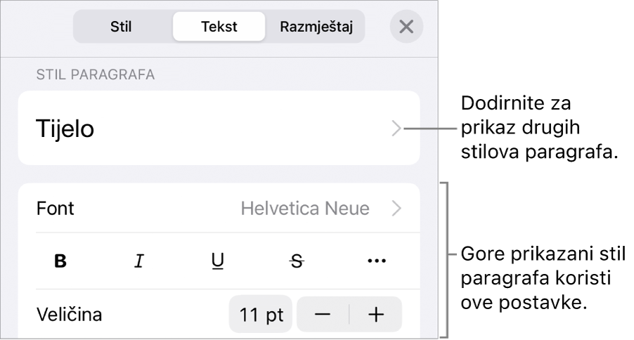 Izbornik Formatiraj s prikazom kontrola teksta za postavljanje paragrafa i stilova paragrafa, fonta, veličine i boje.