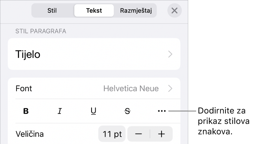 Kontrole opcije Formatiraj sa stilovima paragrafa pri vrhu, zatim kontrole Fonta. Ispod su tipke opcija teksta Podebljano, Kurziv, Podcrtavanje, Precrtavanje i Više.